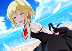 Rule 34 | 00s, 1girl, :d, ^ ^, air (visual novel), alternate hair length, alternate hairstyle, arms behind back, ascot, beach, blonde hair, blush, closed eyes, cloud, collared shirt, cross, day, dress, dutch angle, feathers, gotyou, horizon, kamio misuzu, looking at viewer, md5 mismatch, ocean, open mouth, outdoors, shirt, short hair, sky, smile, solo
