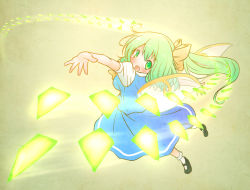 Rule 34 | 1girl, arinu, ascot, blush, bow, daiyousei, danmaku, fairy wings, gradient background, green eyes, green hair, hair bow, looking back, matching hair/eyes, open mouth, side ponytail, solo, touhou, wings