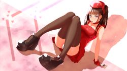 Rule 34 | 1girl, arm support, bare shoulders, black thighhighs, brown eyes, brown hair, dress, food, gloves, hat, highres, long hair, looking at viewer, mouth hold, nanahime, no bra, original, panties, pantyshot, pocky, red dress, shoes, sitting, solo, taut clothes, taut dress, thighhighs, twintails, underwear, white panties