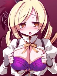 Rule 34 | 10s, 1girl, :o, blonde hair, blush, bra, breasts, cleavage, drill hair, fingerless gloves, gloves, hair ornament, large breasts, lingerie, magical girl, mahou shoujo madoka magica, mahou shoujo madoka magica (anime), miuku (marine sapphire), open clothes, open mouth, open shirt, shirt, solo, tomoe mami, underwear, yellow eyes