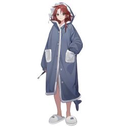 Rule 34 | 1girl, animal hood, artist request, bags under eyes, blue pajamas, cheryl (girls&#039; frontline), empty eyes, fake tail, fins, fish tail, full body, girls&#039; frontline, green eyes, hand in pocket, highres, holding, holding toothbrush, hood, hood up, long hair, no socks, official art, pajamas, parted lips, red hair, shark hood, shark tail, simple background, slippers, solo, standing, tail, toothbrush, transparent background, white footwear