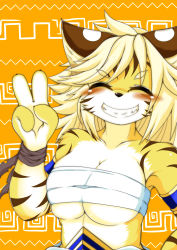 Rule 34 | 1girl, animal ears, animal hands, armlet, armpits, bare shoulders, blonde hair, blush, breasts, claws, cleavage, closed eyes, collarbone, female focus, fullbokko heroes, furry, furry female, hand up, happy, highres, large breasts, megane inu, sarashi, sharp teeth, short hair, simple background, skindentation, smile, solo, teeth, two-tone background, underboob, upper body, v, yellow background, zhang fei (fullbokko heroes)
