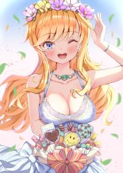 Rule 34 | 1girl, ;d, alternate costume, bare arms, bare shoulders, blonde hair, blue eyes, blush, bow, bracelet, breasts, cleavage, collarbone, commentary request, day, dress, earrings, flower, hair flower, hair ornament, hand up, head wreath, heart, highres, holding, idolmaster, idolmaster cinderella girls, idolmaster cinderella girls starlight stage, jewelry, large breasts, long hair, looking at viewer, necklace, ohtsuki yui, one eye closed, open mouth, outdoors, petals, pink flower, red ribbon, ribbon, smile, solo, striped ribbon, tudon (donut), white bow, white dress