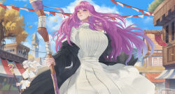 Rule 34 | 2girls, absurdres, black coat, breasts, coat, dress, fern (sousou no frieren), frieren, highres, holding, holding staff, house, huge breasts, long hair, mage staff, multiple girls, off shoulder, outdoors, parted lips, purple eyes, purple hair, redsteak, road, solo focus, sousou no frieren, staff, street, town, white dress, white hair