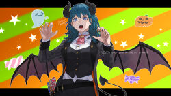 Rule 34 | 1girl, 91007, artist name, ascot, bat wings, belt, black belt, black horns, black pants, black tail, black vest, blue eyes, blue hair, breasts, buttons, byleth (female) (fire emblem), byleth (fire emblem), candy, demon horns, demon tail, english text, fingernails, fire emblem, fire emblem: three houses, food, ghost, grey jacket, halloween, hands up, highres, horns, jack-o&#039;-lantern, jacket, lapels, letterboxed, lollipop, long sleeves, looking at viewer, medium breasts, medium hair, nail polish, nintendo, open clothes, open jacket, open mouth, orange nails, outline, outside border, pants, red ascot, shirt, sleeve cuffs, solo, star (symbol), striped clothes, striped jacket, swirl lollipop, tail, teeth, twitter username, upper teeth only, vertical-striped clothes, vertical-striped jacket, vest, white outline, white shirt, wings