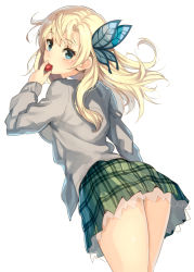 Rule 34 | 10s, 1girl, blonde hair, blue eyes, blush, boku wa tomodachi ga sukunai, bug, butterfly, butterfly hair ornament, eating, hair ornament, insect, kashiwazaki sena, long hair, looking at viewer, looking back, parsley-f, plaid, plaid skirt, school uniform, simple background, skirt, solo, white background