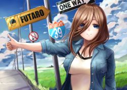 Rule 34 | 1girl, absurdres, bad id, bad pixiv id, blue eyes, blue sky, bow, breasts, brown hair, cleavage, closed mouth, cloud, commentary request, day, denim, denim jacket, go-toubun no hanayome, grass, hair bow, highres, hitchhiking, huge filesize, izawa (bhive003), jacket, large breasts, long hair, looking at viewer, nakano miku, open clothes, open jacket, outstretched arm, road, road sign, shirt, sign, sky, sleeves rolled up, smile, solo, thumbs up, utility pole, white shirt