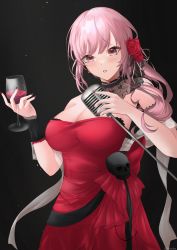 Rule 34 | 1girl, absurdres, bare shoulders, black background, blush, breasts, cleavage, cup, detached collar, dress, drinking glass, evening gown, flower, gloxuba, hair flower, hair ornament, highres, holding, holding cup, holding microphone, hololive, hololive english, large breasts, looking at viewer, microphone, mori calliope, mori calliope (party dress), nail polish, pink eyes, pink hair, red dress, red nails, strapless, strapless dress, virtual youtuber, wine glass