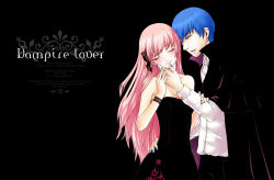 Rule 34 | 1boy, 1girl, bare shoulders, black background, black dress, blue hair, blush, cloak, couple, dress, english text, half-closed eyes, hand on another&#039;s face, hand on own hip, head tilt, kaito (vocaloid), koz, long hair, megurine luka, nail polish, open mouth, pink hair, short hair, simple background, smile, strapless, strapless dress, vampire, very long hair, vocaloid, yellow eyes