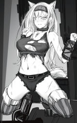 Rule 34 | 1girl, absurdres, animal ears, arknights, bare arms, bare shoulders, blush, boots, breasts, chinese commentary, commentary request, cutoffs, greyscale, hairband, hands up, highres, horn (arknights), kneeling, large breasts, long hair, micro shorts, midriff, monochrome, navel, nose blush, shorts, solo, stomach, tank top, thigh boots, thighhighs, thighs, torn clothes, torn tank top, wolf ears, zarathuta