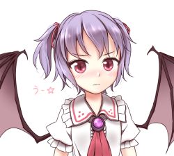 Rule 34 | 1girl, :|, alternate hairstyle, ascot, bad id, bad nicoseiga id, bat wings, blush, brooch, closed mouth, collar, dress, eyebrows, eyelashes, frilled collar, frilled shirt collar, frills, gem, hair ribbon, jewelry, light purple hair, looking at viewer, minust, puffy short sleeves, puffy sleeves, purple gemstone, red eyes, red ribbon, remilia scarlet, ribbon, short sleeves, simple background, slit pupils, solo, spikes, touhou, tsurime, two side up, upper body, wavy mouth, white background, white dress, wings