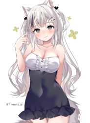 Rule 34 | 1girl, animal ear fluff, animal ears, arm behind back, artist name, bare shoulders, black dress, black hair, blush, bonono, breasts, cat ears, cat tail, cleavage, closed mouth, collarbone, commentary request, covered navel, cowboy shot, dress, flower, frilled dress, frills, grey eyes, hair flower, hair ornament, hairclip, hand up, highres, long hair, looking at viewer, medium breasts, multicolored hair, original, silver hair, simple background, skin tight, smile, solo, standing, strapless, strapless dress, streaked hair, tail, thigh gap, two side up, white background, white flower