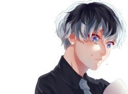 Rule 34 | 1boy, black hair, black shirt, blue eyes, collared shirt, commentary request, derivative work, g4265059, grey necktie, hair between eyes, holding, male focus, multicolored hair, necktie, parted lips, sasaki haise, screenshot redraw, shirt, short hair, simple background, solo, tears, tokyo ghoul, tokyo ghoul:re, two-tone hair, upper body, white background, white hair