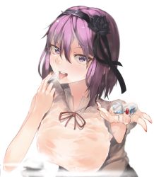 Rule 34 | 10s, 1girl, bad id, bad pixiv id, blue eyes, breasts, dagashi kashi, flower, hair between eyes, hair flower, hair ornament, hair ribbon, hairband, highres, hplay, ice, large breasts, looking at viewer, nail polish, open mouth, outstretched arm, purple hair, red nails, ribbon, ringed eyes, see-through, shidare hotaru, short hair, solo, steam, sweat, tongue, tongue out, wet, wet clothes