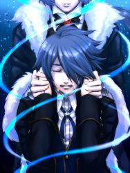 Rule 34 | 2boys, banana gyuunyuu, blue eyes, blue hair, clenched teeth, closed eyes, coat, commentary request, crying, formal, fur trim, hair over one eye, hiver laurant, long sleeves, male focus, multiple boys, parted lips, persona, persona 3, school uniform, solo focus, sound horizon, suit, tears, teeth, upper body, wide sleeves, yuuki makoto (persona 3)