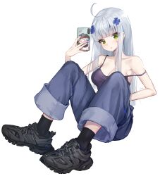 Rule 34 | 1girl, :o, ahoge, ankkoyom, bare shoulders, black footwear, black socks, blue nails, blue pants, blunt bangs, blush, breasts, cellphone, cleavage, closed eyes, collarbone, commentary, cross hair ornament, facial tattoo, full body, g11 (girls&#039; frontline), girls&#039; frontline, green eyes, green headwear, grey hair, hair ornament, hat, head tilt, highres, hk416 (girls&#039; frontline), holding, holding phone, long hair, looking at viewer, applying manicure, medium breasts, nail polish, off shoulder, pants, parted bangs, parted lips, phone, purple tank top, shoes, sidelocks, simple background, smartphone, sneakers, socks, solo focus, symbol-only commentary, tank top, tattoo, teardrop, teardrop facial mark, teardrop tattoo, very long hair, white background, white hair