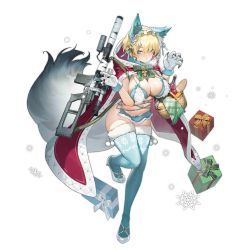 Rule 34 | 1girl, animal ears, apple, basket, bell, blonde hair, blue eyes, blue thighhighs, bread, breasts, breath, carrot, claw pose, cloak, cross, cross earrings, earrings, fake animal ears, food, fruit, full body, fur trim, girls&#039; frontline, gloves, gun, hair bell, hair ornament, hairband, heart o-ring, high heels, highres, hood, hooded cloak, hoodie, jewelry, jingle bell, large breasts, lolita hairband, looking at viewer, microskirt, mole, mole on breast, mole under eye, navel, official alternate costume, official art, pom pom (clothes), revealing clothes, short hair, siqi (miharuu), skirt, snowflake hair ornament, solo, standing, standing on one leg, tail, thighhighs, transparent background, vsk-94 (christmas eve detective) (girls&#039; frontline), vsk-94 (girls&#039; frontline), weapon, white gloves