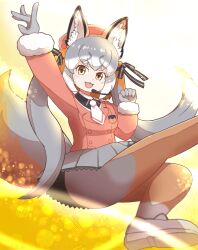 Rule 34 | 1girl, animal ears, blazer, extra ears, fox ears, fox girl, fox tail, gloves, grey hair, hat, highres, hissaa (hisser), island fox (kemono friends), jacket, kemono friends, kemono friends v project, long hair, looking at viewer, microphone, necktie, open mouth, pantyhose, ribbon, shirt, shoes, simple background, skirt, solo, tail, twintails, virtual youtuber, yellow eyes