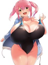 Rule 34 | 1girl, absurdres, black one-piece swimsuit, blue jacket, blush, breasts, bursting breasts, clothes pull, highres, huge breasts, jacket, looking at viewer, medium hair, mii futaoka, one-piece swimsuit, one-piece swimsuit pull, open mouth, pink hair, simple background, standing, swimsuit, teruwo, thick thighs, thighs, twintails, white background, wide hips, yellow eyes