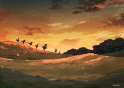 Rule 34 | artist name, chocobo, cloud, commentary, final fantasy, final fantasy xiv, highres, hill, in-universe location, landscape, mixed-language commentary, orange sky, outdoors, scenery, signature, silhouette, sky, sunset, very wide shot, yabuka shiwa