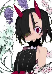 Rule 34 | 1girl, black hair, branch, breasts, closed mouth, flower, food, fruit, gradient hair, grapes, green hair, hair over one eye, horns, kimura akiyoshi, looking at viewer, multicolored hair, oni, oni horns, original, pink flower, red eyes, short hair, simple background, sleeveless, small breasts, solo, upper body, white background