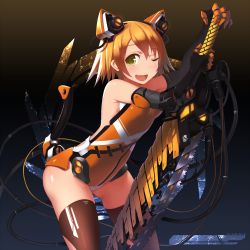 Rule 34 | 1girl, ;d, animal ears, arched back, bad id, bad pixiv id, bare shoulders, black thighhighs, blonde hair, blush, bodysuit, brown hair, cable, cable tail, chainsaw, elbow gloves, fang, gloves, highres, looking at viewer, mecha musume, mechanical tail, one eye closed, open mouth, original, robot ears, short hair, smile, solo, sword, tail, thighhighs, weapon, wink, yellow eyes, zenn