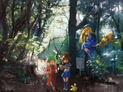 Rule 34 | 3girls, arle nadja, armor, blonde hair, blue dress, blue eyes, blue footwear, blue headwear, blue skirt, blue wristband, boots, breastplate, brown eyes, brown hair, carbuncle (puyopuyo), draco centauros, dragon girl, dragon tail, dress, forest, gloves, green hair, highres, holding, holding map, horns, madou monogatari, map, multiple girls, nature, open mouth, outdoors, pointy ears, puyopuyo, red dress, red footwear, shirt, shoulder armor, sidelocks, sign, signature, skirt, tail, teeth, tree, upper teeth only, white gloves, white shirt, witch (puyopuyo), yellow eyes, yudeedamame (zundamame)