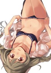 Rule 34 | 1girl, blue bra, blue panties, blush, bra, braid, breasts, brown eyes, cloud hair ornament, collarbone, cowboy shot, dress shirt, frilled bra, frilled panties, frills, gradient hair, highres, kantai collection, light brown hair, long hair, lying, makio (makiomeigenbot), medium breasts, minegumo (kancolle), multicolored hair, navel, on back, open clothes, panties, pink shirt, shirt, simple background, solo, twin braids, underwear, white background