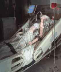 Rule 34 | 1girl, arched back, bandaged chest, bandages, bandages over eyes, bed, bed sheet, blood, blood bag, breasts, dino (dinoartforame), highres, hospital, hospital bed, indoors, iv stand, long hair, medical equipment, monitor, original, oxygen mask, restrained, sheet grab, small breasts, solo, stationary restraints, transfusion, white hair