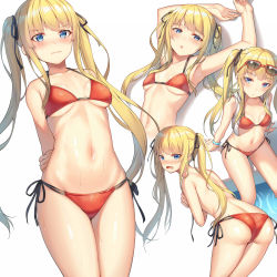 Rule 34 | 1girl, :o, @ @, alexmaster, armpits, arms behind back, arms up, ass, bare arms, bare shoulders, bikini, black ribbon, blonde hair, blue eyes, blush, breasts, breasts apart, closed mouth, collarbone, commentary request, embarrassed, eyewear on head, frown, hair ribbon, halterneck, highres, hood, hood down, hooded jacket, jacket, leaning forward, long hair, looking at viewer, medium breasts, multi-strapped bikini bottom, multiple views, navel, open clothes, open jacket, open mouth, parted lips, red-framed eyewear, red bikini, ribbon, saenai heroine no sodatekata, sawamura spencer eriri, shadow, side-tie bikini bottom, sidelocks, sitting, sleeveless, sleeveless jacket, stomach, string bikini, sunglasses, swimsuit, topless, twintails, very long hair, wavy mouth, wet, white background, white jacket