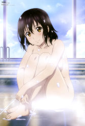 Rule 34 | 10s, 1girl, absurdres, bare shoulders, barefoot, completely nude, covering privates, covering breasts, feet, full body, furukawa hideki, highres, himeragi yukina, indoors, nude, official art, sitting, solo, strike the blood, topless