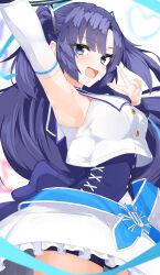 Rule 34 | 1girl, absurdres, arm up, armpits, blue archive, blue eyes, blue ribbon, blush, breasts, cropped shirt, detached sleeves, highres, isocha, long hair, looking at viewer, looking to the side, medium breasts, mischievous straight uniform (blue archive), official alternate costume, purple eyes, ribbon, smile, solo, two side up, v, very long hair, waist ribbon, yuuka (blue archive), mischievous straight uniform (blue archive)