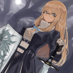 Rule 34 | 1girl, belt, belt buckle, black-framed eyewear, black belt, black jacket, blonde hair, blue eyes, blue ribbon, blush, buckle, closed mouth, commentary request, elf, gauntlets, glasses, hair between eyes, hair ribbon, highres, hinomaru (futagun), holding, holding shield, holding sword, holding weapon, jacket, long hair, long sleeves, looking at viewer, open clothes, open jacket, original, pointy ears, ribbed sweater, ribbon, shield, sidelocks, smile, solo, sweater, sword, turtleneck, turtleneck sweater, very long hair, weapon, white sweater