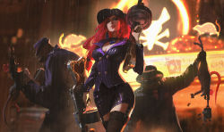 Rule 34 | 1girl, 2boys, breasts, cleavage, crime city miss fortune, earrings, freckles, garter straps, gun, half-closed eyes, hat, heart, highres, jewelry, league of legends, lips, looking at viewer, makeup, miss fortune (league of legends), mouse (animal), multiple boys, pencil skirt, pinstripe pattern, rain, red hair, skirt, snatti, striped, thighhighs, weapon, wet