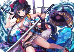 Rule 34 | 1girl, absurdres, bikini, bracelet, breasts, fate/grand order, fate (series), floral print, goggles, goggles on head, grin, gu luco, hair ornament, highres, holding, holding sword, holding weapon, huge filesize, jewelry, katana, katsushika hokusai (fate), katsushika hokusai (swimsuit saber) (fate), leg belt, looking at viewer, multiple swords, octopus, purple hair, short hair with long locks, small breasts, smile, swimsuit, sword, thigh strap, tokitarou (fate), weapon, white bikini