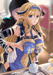 Rule 34 | 1girl, 1other, absurdres, apron, arknights, arm strap, bare shoulders, black gloves, black jacket, black thighhighs, blonde hair, blue apron, blue eyes, blue hairband, blue necktie, blurry, blurry background, braid, grabbing another&#039;s breast, chair, chinese commentary, commentary request, cowboy shot, cup, doctor (arknights), elbow gloves, fingerless gloves, food, gloves, grabbing, grabbing from behind, hair between eyes, hairband, highres, holding, holding teapot, hood, hooded jacket, horns, indoors, jacket, kingdom of victoria logo, linjinghai, long hair, looking at viewer, necktie, parted lips, pointy ears, saileach (arknights), sandwich, silver hair, standing, teacup, teapot, thighhighs, twin braids, very long hair