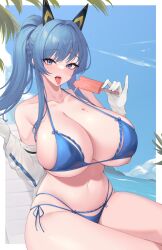 Rule 34 | 1girl, bare shoulders, bikini, blue bikini, blue eyes, blue hair, blue sky, braid, breasts, collarbone, commentary request, day, food, gloves, goddess of victory: nikke, hair intakes, helm (aqua marine) (nikke), helm (nikke), high ponytail, highres, holding, holding food, holding popsicle, huge breasts, kuavera, large breasts, long hair, long sleeves, looking at viewer, multi-strapped bikini bottom, navel, ocean, official alternate costume, outdoors, partial commentary, popsicle, saliva, side-tie bikini bottom, sitting, skindentation, sky, solo, string bikini, swimsuit, thighs, tongue, tongue out, underboob, water, white gloves