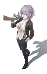 Rule 34 | 1girl, absurdres, black footwear, black jacket, black pants, blue hair, breasts, cleavage, collared shirt, commentary request, girls&#039; frontline, gun, hair between eyes, hand in pocket, highres, holding, holding gun, holding weapon, jacket, medium breasts, open clothes, open jacket, open mouth, pants, parted lips, red eyes, shirt, short hair, simple background, solo, stomach, suspenders, tacshojosora, thompson (girls&#039; frontline), weapon, white background, white shirt
