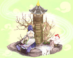 Rule 34 | 1girl, architecture, bird, blue skirt, cherry blossoms, chicken, commentary request, east asian architecture, fish, footwear ribbon, grey eyes, hat, highres, japanese clothes, long hair, long sleeves, looking at another, mononobe no futo, own hands clasped, own hands together, plant, ponytail, reflection, ribbon-trimmed sleeves, ribbon trim, rooster, silver hair, sitting, skirt, solo, tate eboshi, touhou, tree, turtleneck, vines, water, wide sleeves, wind, yotogi (yotogi luminary)