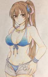 Rule 34 | 1girl, breasts, brown eyes, brown hair, closed mouth, denim, denim shorts, hand drawn, higemaccho, highres, jewelry, long hair, looking at viewer, medium breasts, navel, necklace, ponytail, ribbon, saionji reimi, shorts, simple background, solo, star (symbol), star ocean, star ocean anamnesis, star ocean the last hope, swimsuit