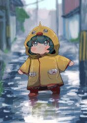 Rule 34 | 1girl, alternate costume, boots, commentary request, determined, duck hood, green eyes, green hair, highres, hood, hood up, komano aunn, long sleeves, outstretched arms, rain, rubber boots, solo, thick eyebrows, touhou, uchisaki himari, yellow raincoat