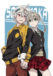 Rule 34 | 1boy, 1girl, blonde hair, blue background, character name, clenched teeth, gloves, go chol, green eyes, hairband, hand in pocket, highres, holding hands, jacket, long hair, long sleeves, looking at another, maka albarn, necktie, parted lips, plaid, plaid skirt, red eyes, school uniform, simple background, skirt, soul eater, soul evans, striped necktie, sweatband, teeth, twintails, white hair