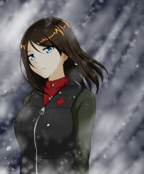 Rule 34 | 1girl, arms behind back, black hair, black vest, blue eyes, closed mouth, commentary, frown, girls und panzer, green jacket, highres, insignia, jacket, long hair, long sleeves, looking at viewer, military, military uniform, night, nonna (girls und panzer), noto-kanna, outdoors, pravda military uniform, red shirt, shirt, snow, solo, standing, swept bangs, turtleneck, uniform, upper body, vest, wind, zipper