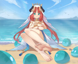 Rule 34 | 1girl, absurdres, areola slip, barefoot, beach, blush, covering privates, covering breasts, feet, genshin impact, green eyes, highres, long hair, looking at viewer, nilou (genshin impact), open mouth, penglai de yu, red hair, soles, toes