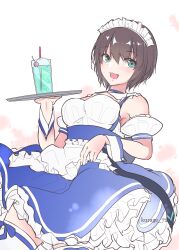 Rule 34 | 1girl, :d, absurdres, alternate costume, aoi erika, apron, aqua eyes, artist name, bare shoulders, blue bow, blue choker, blue skirt, blush, bow, breasts, brown hair, choker, commentary request, detached sleeves, enmaided, eyes visible through hair, frilled apron, frills, hair between eyes, hand up, happy, heaven burns red, high-waist skirt, highres, holding, holding tray, kurage (kurage19), large breasts, looking at viewer, maid, maid headdress, open mouth, petticoat, shirt, short hair, short sleeves, simple background, sketch, skirt, sleeveless, sleeveless shirt, smile, solo, standing, teeth, thighhighs, tray, upper teeth only, waist apron, white apron, white background, white shirt, white thighhighs, white wrist cuffs, wrist cuffs