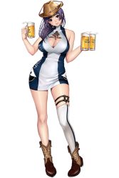 Rule 34 | 1girl, alcohol, asymmetrical legwear, bare shoulders, beer, beer mug, blush, boots, breasts, character request, cleavage, cleavage cutout, clothing cutout, cowboy boots, cowboy hat, cup, dress, full body, gang of heaven, hat, holding, large breasts, long hair, looking at viewer, masami chie, mug, official art, purple eyes, purple hair, short dress, single thighhigh, skindentation, smile, solo, thighhighs, transparent background, turtleneck, uneven legwear, white thighhighs