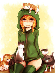 Rule 34 | 1girl, animal, animal on head, at2., blush, cat, cat on head, creeparka, creeper, cupa (at2.), gameplay mechanics, gloves, highres, hood, hoodie, minecraft, parka, personification, red eyes, short hair, solo, tears, thighhighs, too many, too many cats, zettai ryouiki