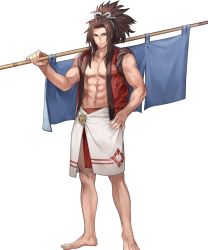 Rule 34 | 1boy, abs, barefoot, brown eyes, brown hair, feet, fire emblem, fire emblem fates, fire emblem heroes, full body, highres, long hair, male focus, navel, nintendo, official alternate costume, official art, open clothes, open shirt, p-nekor, pectorals, polearm, ponytail, ryoma (fire emblem), solo, stomach, topless male, transparent background, weapon