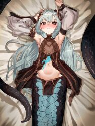 Rule 34 | 1girl, absurdres, armpits, arms up, bare shoulders, bed sheet, blue hair, blue nails, blush, brown eyes, clothing request, commission, detached sleeves, ekrea jan, flat chest, hair between eyes, highres, lamia, long hair, looking at viewer, lying, midriff, monster girl, navel, on back, original, parted lips, pelvic curtain, petite, scales, skeb commission, slit pupils, solo, stomach, very long hair