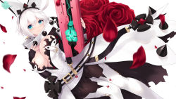 Rule 34 | 1girl, animal ears, belt, blue eyes, breasts squeezed together, breasts, cait aron, chain, cleavage, closed mouth, clover, collar, dress, elphelt valentine, fake animal ears, flower, four-leaf clover, guilty gear, guilty gear xrd, gun, hand on own chest, highres, holding, holding weapon, large breasts, ms. travailler, petals, rabbit ears, rose, shotgun, simple background, smile, solo, spiked collar, spikes, thighhighs, weapon, wedding dress, white background, white hair, white thighhighs